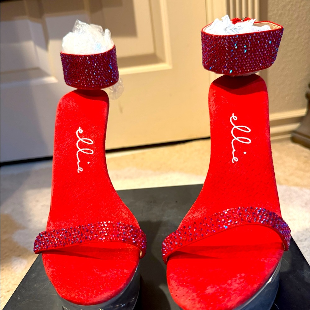 Ellie Shoes Red Rhinestone Heel w Ankle strap